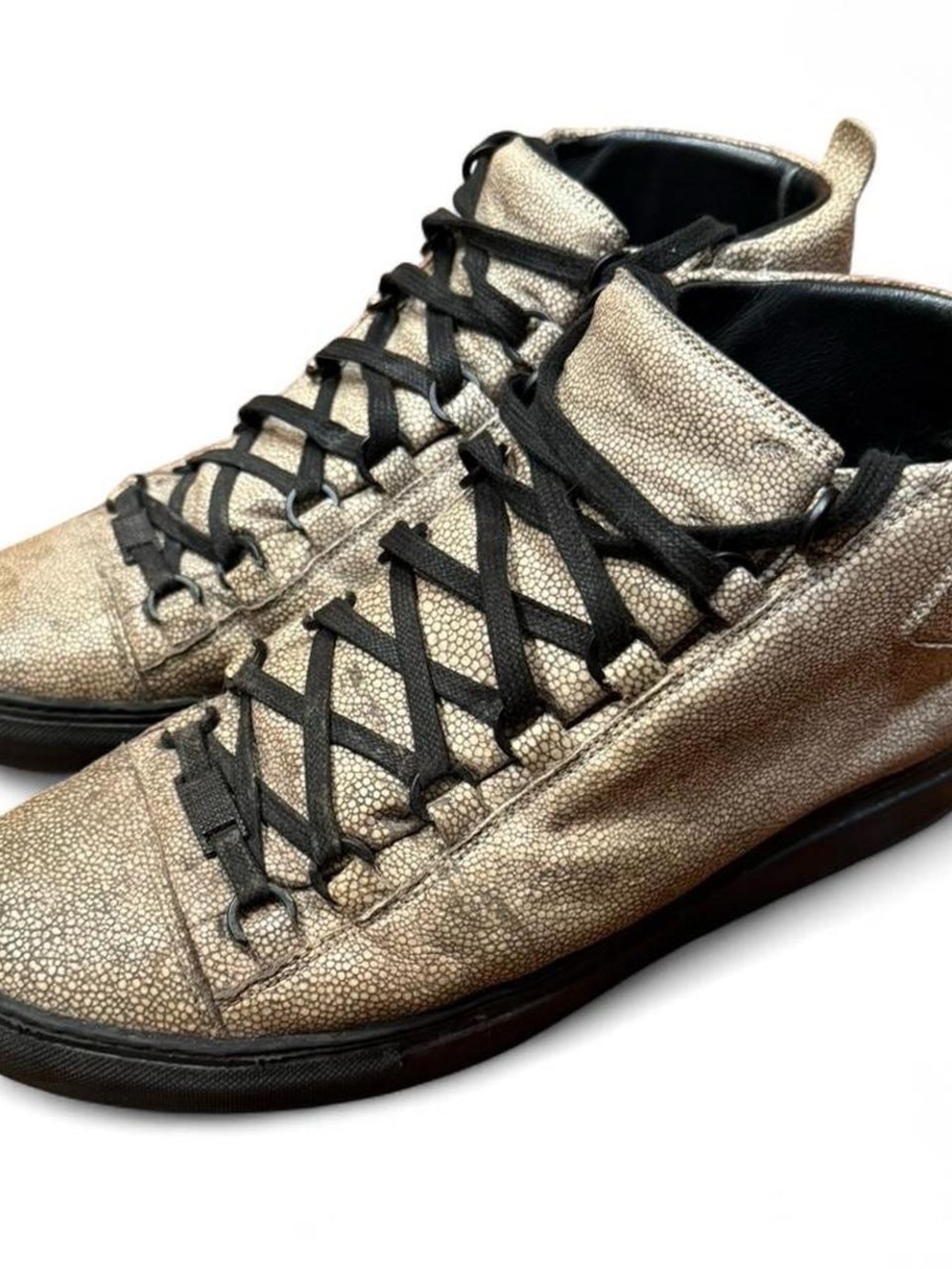 Balenciaga Arena Snakeskin Galuchat Stingray High Top Leather Sneakers